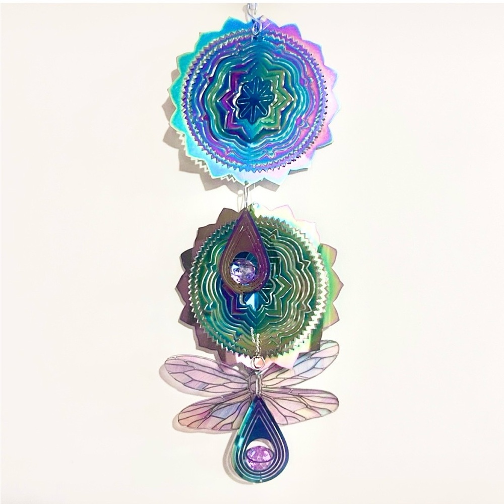 Iridescent Wind Spinner with Dragonfly Design Wall Decor
